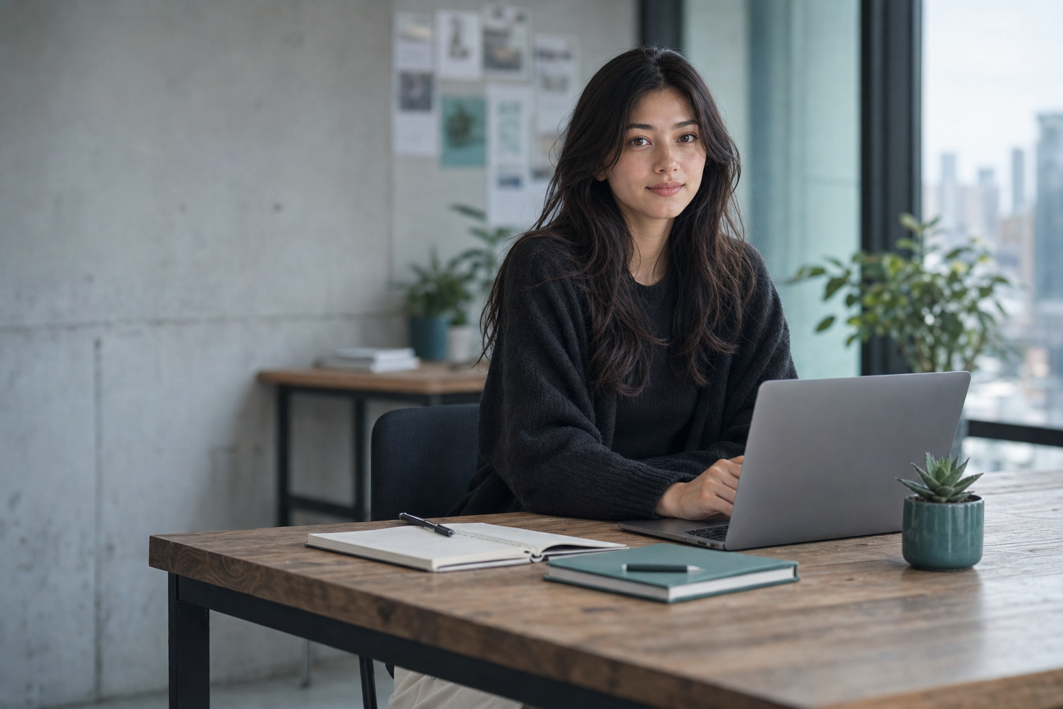 Alara at her desk, reviewing a brief before writing